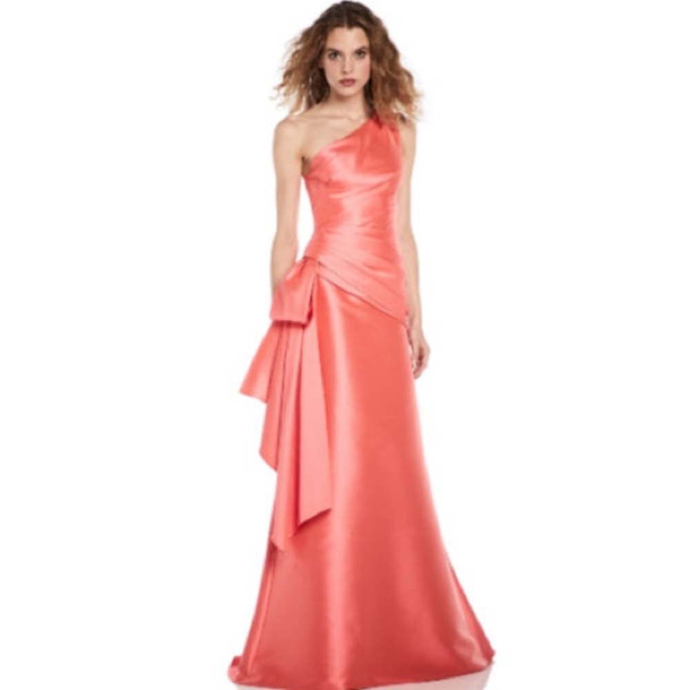 Theia coral one shoulder gown